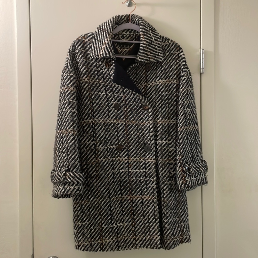 Massimo Dutti pea coat in black/checkered.